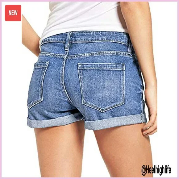 High Waisted Distressed Denim Shorts with Rolled Hem, Ripped Design - Picture 3 of 8
